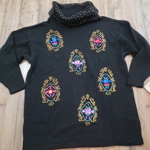 Vintage 80s Black tunic sweater Embellished sequin sz L oversized